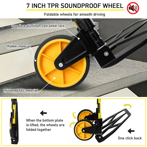 Folding aluminum hand truck with yellow rubber wheel; 440lb capacity luggage dolly for travel and office use.