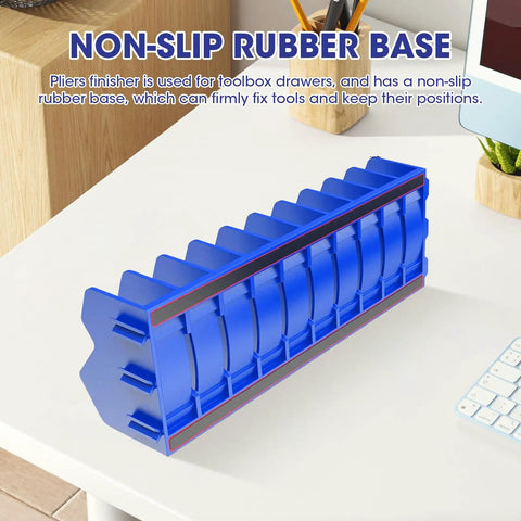2 Pack Pliers Organizer Rack With Nonslip Base, 10 Slot Drawer Plier Tray, blue extendable holder on table, side view