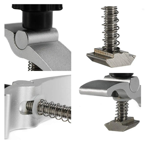 Close-up of 2 Pack Mini T Track Hold Down Clamps for CNC routers, silver 6061 aluminum, showing spring mechanism and T-slot fitting.