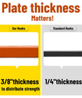 Comparison of 3/8" and 1/4" plate thickness in orange Tractor Bucket Hooks Bolt On Clevis Mount With Half Inch Shackle And Five Sixteenth Inch Grab Hooks WLL 4700 Lbs Forged G70 Steel On Laser Cut Backer Plate Beefy Heavy Duty Tow Hook For SUV RV UTV Tractors Orange.