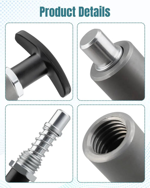 Close-up views of Hard Core Heavy Duty Quick Release Spring Loaded Pull Pin With Super Grip T Handle Knob, highlighting design details.