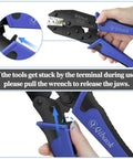 Ratcheting Wire Crimping Tool Kit With Four Interchangeable Dies For Heat Shrink Connectors and user adjusting handle.