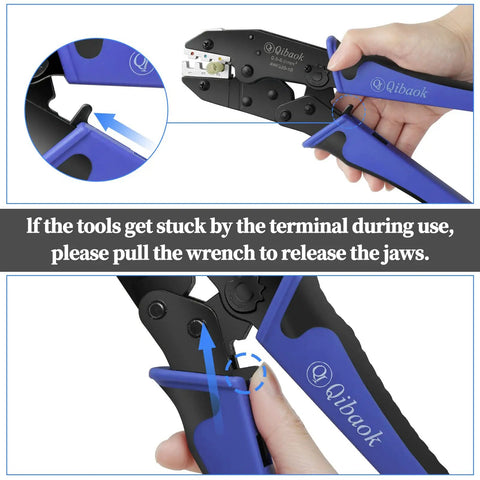 Ratcheting Wire Crimping Tool Kit With Four Interchangeable Dies For Heat Shrink Connectors and user adjusting handle.