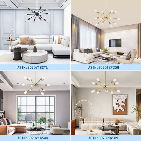 Four living rooms featuring the 12 Light Brushed Brass Sputnik Chandelier For Modern Mid Century Kitchen Island And Dining Room Pendant Lighting Gold Ceiling Hanging Light Fixture Perfect For Living Room, Bedroom, Bar Or Commercial Spaces With Retro Starburst Vibe.