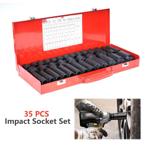 35-Piece 1/2 Inch Drive Deep Impact Socket Set With 6-Point Sockets, Heavy Duty Spindle And Axle Nut Kit, Deep Length 38mm And 78mm, Garage Ready For Car Auto Truck Repairs