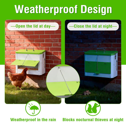 Heavy Duty Automatic Chicken Feeder With Weather Sealed Lid And Lockable Rodent Proof Door For Zero Waste Hanging Backyard Poultry Feed Hopper weatherproof design with open and closed lid