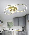 90W Dimmable LED Ceiling Light With Remote Control, 5 Ring Flush Mount Gold Acrylic Chandelier illuminating a modern kitchen