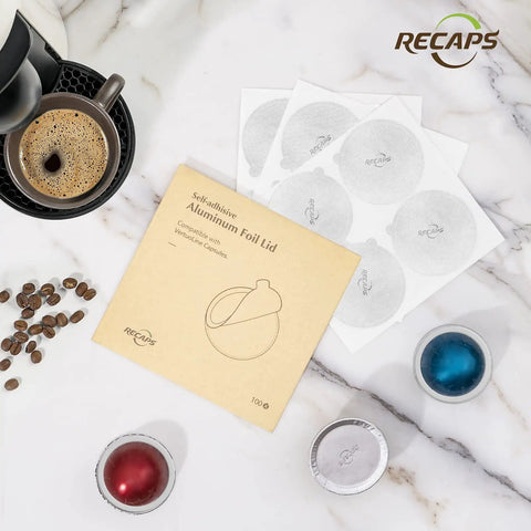 Aluminum Foil Lids for Reusable Coffee Pods, 62mm Seals for Nespresso VertuoLine Vertuo Compatible, packaging and pods