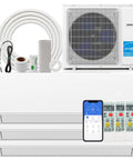 Top Shelf 30000 BTU Three Zone Ductless Mini Split Air Conditioner And Heat Pump With Advanced Inverter Technology 23 SEER2 Rating with indoor and outdoor units.