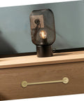 Brushed Brass Cabinet Handles Set Of 2 Solid Brass Drawer Pulls with Base 160mm on wooden cabinet next to a lamp