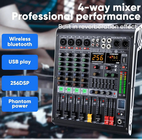 Four Channel Bluetooth Mixer With USB MP3 Player And 48V Phantom Power For Studio Recording And Live Gigs, front view.