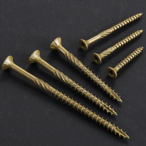 Top Shelf Exterior Deck Screws Size 8 X 1 Inch 560 Piece Pack T20 Torx wood fasteners with bronze epoxy coating, various sizes.