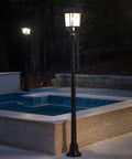 Dope Solar Post Light In Black Cast Aluminum With Seeded Glass For Outdoor Use near pool, warm white illumination