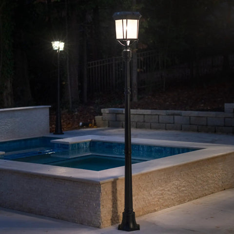 Dope Solar Post Light In Black Cast Aluminum With Seeded Glass For Outdoor Use near pool, warm white illumination