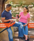 20V Max 15 Ah Lithium Ion Rechargeable Power Tool Battery shown with users in garden, compatible with cordless tools for DIY fixes.