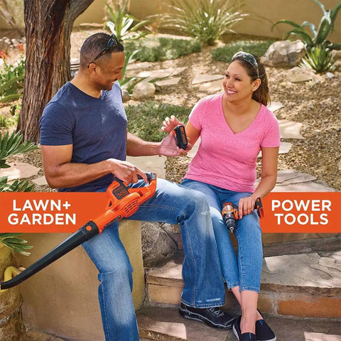 20V Max 15 Ah Lithium Ion Rechargeable Power Tool Battery shown with users in garden, compatible with cordless tools for DIY fixes.