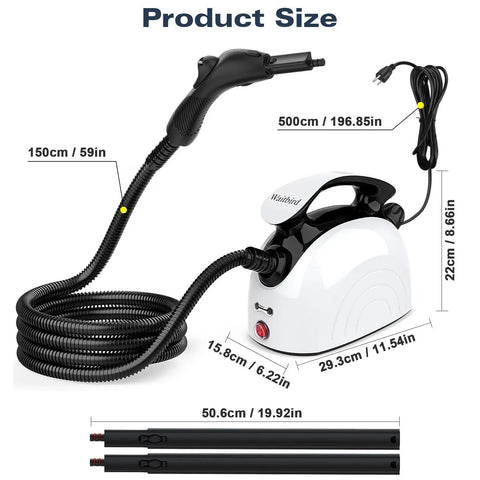 Handheld Steam Cleaner With 21 Quick Swap Nozzles And 248 Degree Vapor To Melt Away Sticky Gunk On Tile Grout Wood Floors And Car Dashboards While Dodging Toxic Sprays And Heavy Scrubbing, showing product size and hose length.
