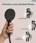 GRANDJOY Exposed Tub and Shower System with Handheld Spray, Matte Black handheld shower head showcasing 3 functions.