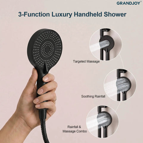 GRANDJOY Exposed Tub and Shower System with Handheld Spray, Matte Black handheld shower head showcasing 3 functions.