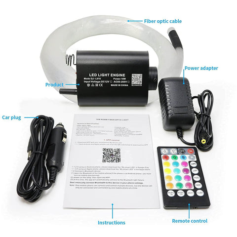 Fiber Optic Starlight Headliner Light Kit With App Remote And Sound Activated Modes for Car and Home; components laid out.