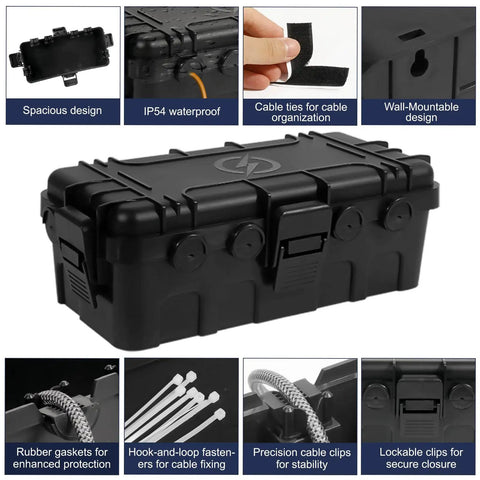 Medium Outdoor Electrical Box Weatherproof Cover Built Tough for Power Strips and Multi Plug Adapters, IP54 Rated Heavy Duty PP Box, shown with six cable entries and lockable clips, features illustrated with spacious design and wall-mountable option.