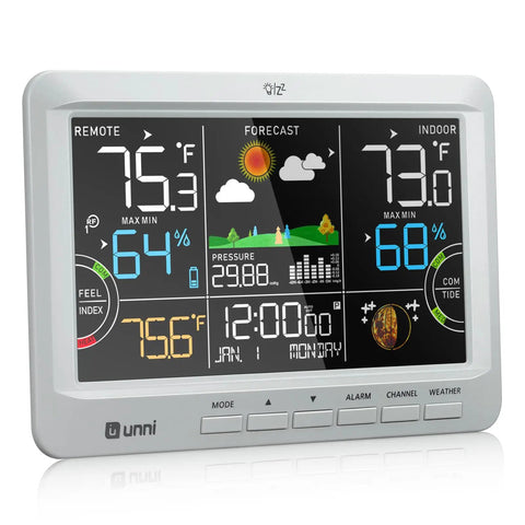 All In One Weather Station With Indoor Outdoor Thermometer And Wireless Atomic Clock Real Time Temperature And Humidity Monitor With Large Constant Display Dew Point Barometer Moon Phase Tide And Comfort Readouts Grey