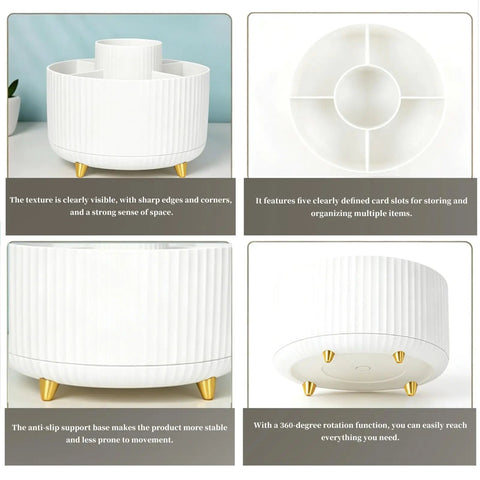 360 Degree Rotating Pen Holder With Five Slots, showcasing its structure, texture, and gold base in four detailed angles.