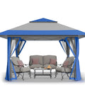 Front view of 13x13 Pop Up Gazebo Canopy Tent For Backyard And Patio Easy One Push Center Lock Setup No Hassle In Seconds Large Space Party Shelter With Wheeled STO NO GO Cover Bag Blue And Grey Outdoor Gazebo.