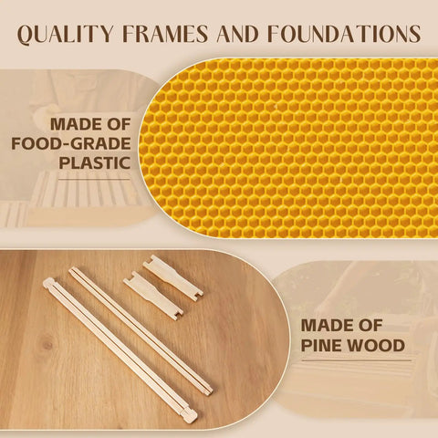 10 Frame Medium Bee Super Box With Beeswax Coating frames and foundations, featuring food-grade plastic and pine wood materials