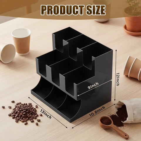 Cup And Condiment Station Organizer For Coffee Bar, Acrylic Dispenser With Nine Compartments, Black, 13x11x13 Inches, on table