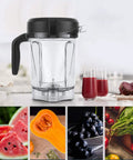 Clear Blender Jar With Blade Lid Replacement, 64 Ounce Transparent Container for Smoothies And Sauces, Compatible With G Series Blenders And 5300, BPA Free, Durable High Quality, Easy Pour Measurements, shown with various fruits and vegetables