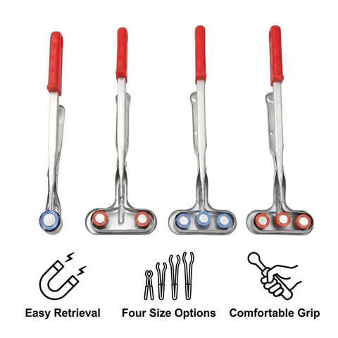 Dual Head Magnetic Safety Gripper For Metal Fabrication, Tough As Nails Magnetic Jaw Tool For Punch Press Work, Durable Carbon Steel Construction, 3 Kg Suction Weight, Fast Grab, Reliable Pickup And Secure Workpiece Handling. Four sizes shown