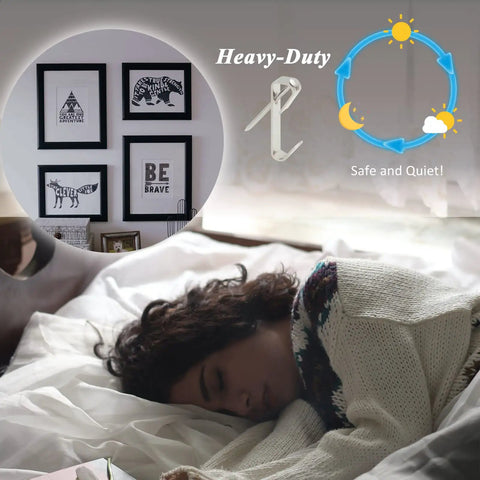 Person sleeping peacefully next to framed art hung with 136 Pcs Picture Hangers Kit With 5 Size Hooks 10Lb 20Lb 30Lb 50Lb 100Lb Nails And Handy Storage Case For Drywall And Wooden Walls All In One Heavy Duty Metal Hanger Set For Framed Art Photos And Gallery Walls, highlighting safety and quietness.