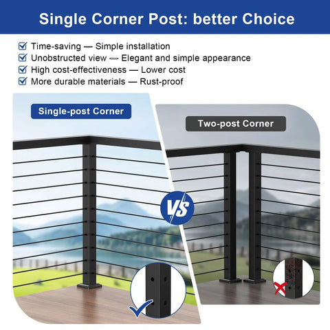 Comparison of single and two-post corner railing options, featuring 36 Inch Cable Railing Corner Post Three Side Drilled Surface Mount End Post For 90 Degree Turns Stainless Steel Black Handrail Corner Post For Cable Railing Kits Model BL05-CP.