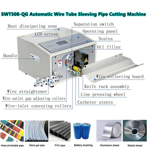 SWT508-QG Automatic Wire Stripper And Cutter Machine With LCD Screen Display For Precision Cable Peeling Sleeving And Tube Cutting showcasing controls and components.
