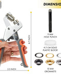 Pro Grade Grommet Tool Kit With Grommet Press, 90 Multicolor Grommets, Hole Punch And Plastic Block shown with dimensions.