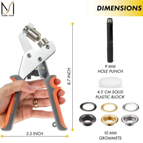 Pro Grade Grommet Tool Kit With Grommet Press, 90 Multicolor Grommets, Hole Punch And Plastic Block shown with dimensions.