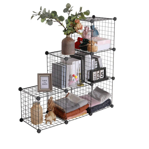 Six Cube Storage Organizer Set With Stackable Wire Grid Shelves Beefy Metal Cubes For Home Office And Kids Room Each Cube Holds Up To 22 Lbs 12 Inch Square DIY Closet Organizer In Black Space Saving And Easy To Tidy displaying books and decor items.