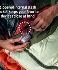 Close-up of zippered pocket on Cosmic 20 Down Mummy Sleeping Bag With 550 Fill Power Down, Recycled Fabrics And PFAS Free DWR.