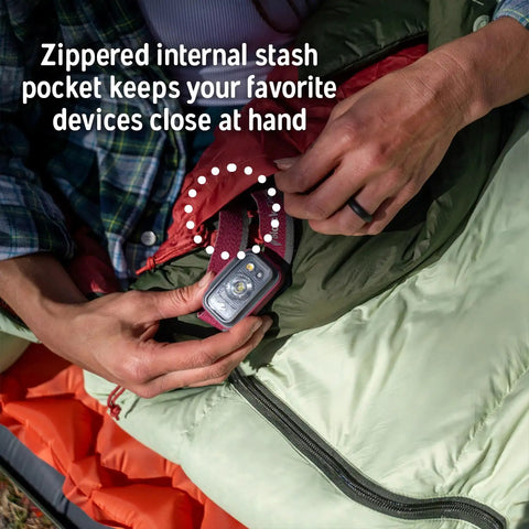 Close-up of zippered pocket on Cosmic 20 Down Mummy Sleeping Bag With 550 Fill Power Down, Recycled Fabrics And PFAS Free DWR.