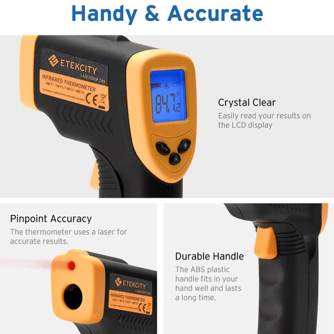Infrared Temp Gun For Non Contact Temperature Readings With Backlit LCD Display, Laser Pointer, Range From Minus 58F To 716F, Not For Humans, Ergonomic ABS Grip, Yellow And Black shown in different angles for clarity.