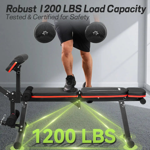 Man standing on Upgraded Adjustable Weight Bench With Leg Extension And Curl, 9 Back Positions And 3 Way Headrest, Foldable Design