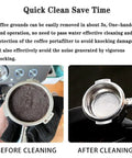 Electric Portafilter Cleaner Slaps Coffee Grounds Out Of Your Filter Effortlessly, showing before and after cleaning effect.