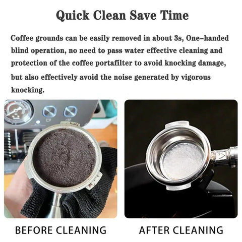 Electric Portafilter Cleaner Slaps Coffee Grounds Out Of Your Filter Effortlessly, showing before and after cleaning effect.