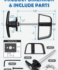 Image showing the dimensions and parts of the Heavy Duty Shed Door T Handle Lock Latch Kit With Four Keys For Barn Coop Storage Doors, Adjustable 4 3/4 Inch Stem, Zinc Alloy, Black Powder Coated Left Lock, Fits Outward Swing Doors Up To Four Inches Thick, 1 Pack.