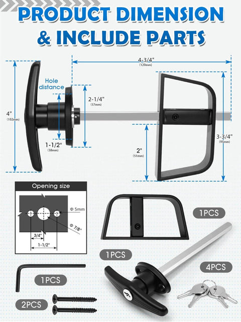 Image showing the dimensions and parts of the Heavy Duty Shed Door T Handle Lock Latch Kit With Four Keys For Barn Coop Storage Doors, Adjustable 4 3/4 Inch Stem, Zinc Alloy, Black Powder Coated Left Lock, Fits Outward Swing Doors Up To Four Inches Thick, 1 Pack.