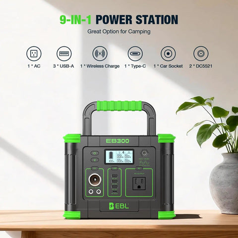 Portable On The Go Solar Generator Power Station With 288.6Wh Capacity, 330W Pure Sine Wave AC Output And 600W Peak Surge, shown on desk