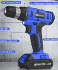 20V Cordless Drill Kit With Battery And Charger All In One Set 30 Nm Torque 21 Plus 1 Clutch Three Eighths Inch Keyless Chuck Bright LED Blue