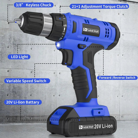 20V Cordless Drill Kit With Battery And Charger All In One Set 30 Nm Torque 21 Plus 1 Clutch Three Eighths Inch Keyless Chuck Bright LED Blue