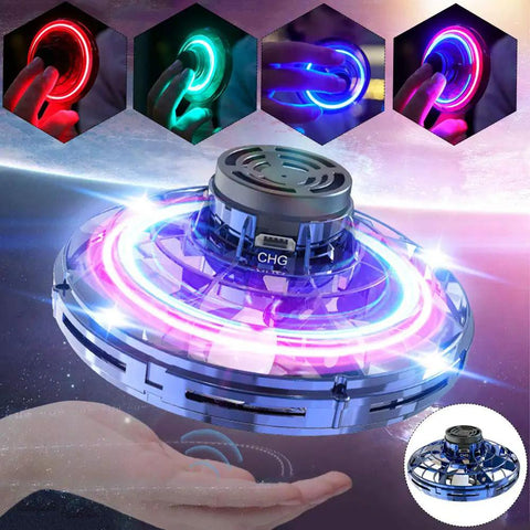 Flying Spinner UFO Drone Hand Controlled Mini Fidget Toy for Teens and Adults with RGB lights hovering above a hand
